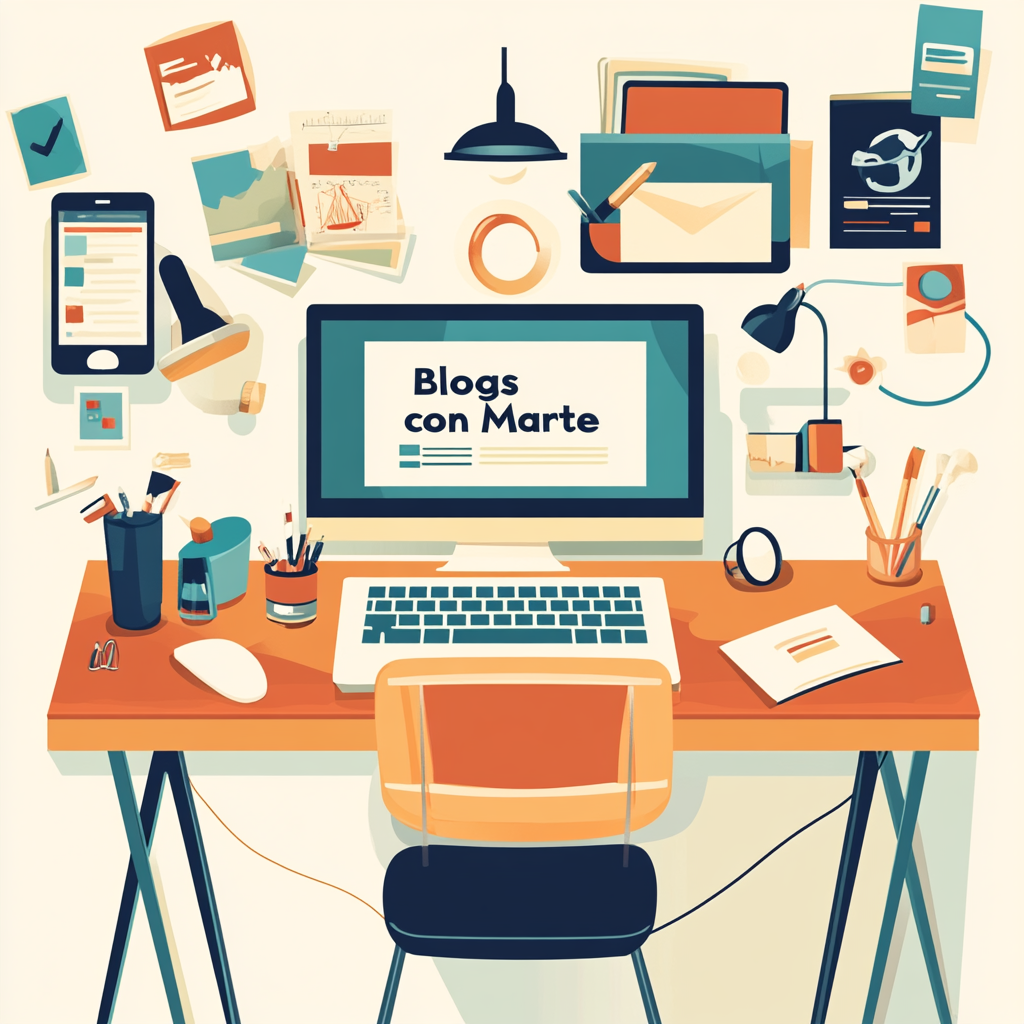 Illustration of a computer on a desk with floating elements.